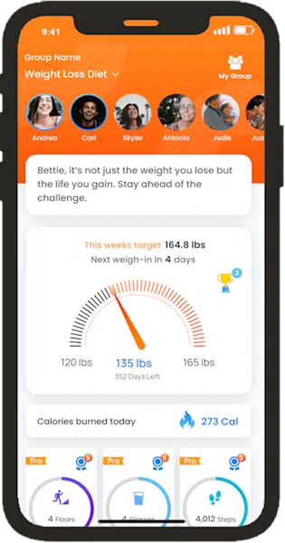 BetterTogether weight loss challenge app: Diet group dashboard with user profiles, target weight, progress tracker, and calories burned.