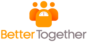 Logo for BetterTogether Weight Loss Challenge: Three stylized orange figures above an orange scale icon with "Better Together" text in gray and orange. Promote weight loss with friends.